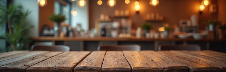 Rustic wooden table with blurred cafe lights background. Vintage bar counter texture. Empty surface with seats for commercial eatery. Wooden table top for product presentation, restaurant decor,