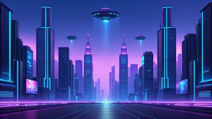 a futuristic cityscape with flying saucers, glowing neon lights, and modern buildings