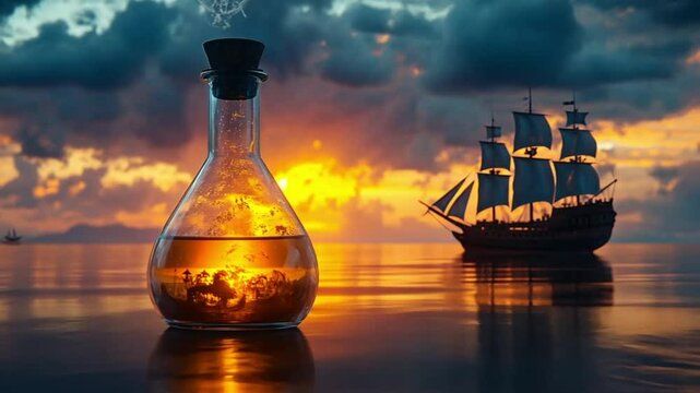Magical potion, sunset, ancient ship, sea, adventure, fantasy