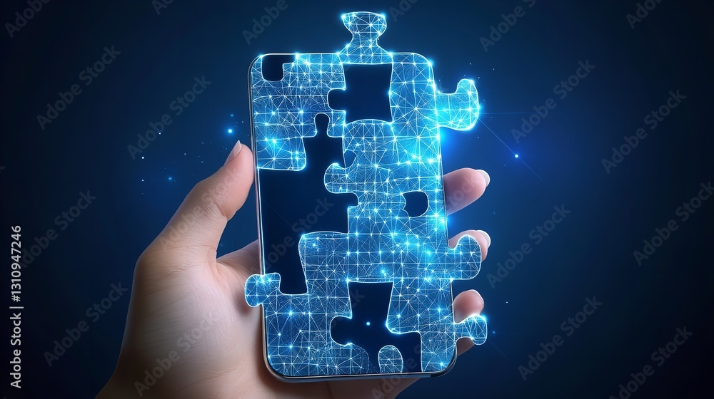 Poster abstract puzzle on smartphone in hand – solving puzzle with technology blue background