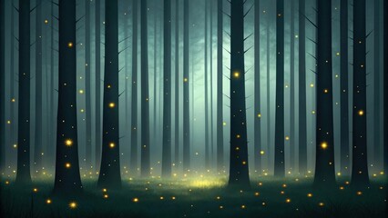 Fototapeta premium a serene, mysterious forest scene, with tall trees and glowing lights creating a magical atmosphere
