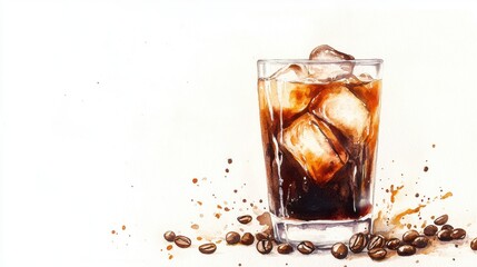 Watercolor Iced latte in Plastic cup,caramel,milk coffee,Hand painted watercolor set with coffee drinks for cafe menu,Stunning Coffee Watercolor Paintings with Clipart Elements,copy space.