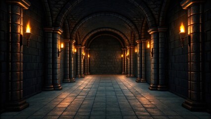 Fototapeta premium an old, mysterious hallway in a castle with arches, pillars, and sconces providing atmospheric lighting. The scene evokes a sense of history and intrigue.
