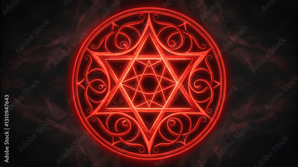 Poster a glowing red star symbol with intricate geometric patterns, exuding a sense of mystery against a da