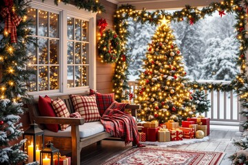 Obraz premium Festive Christmas porch with tree, lights, and gifts in snowy setting.