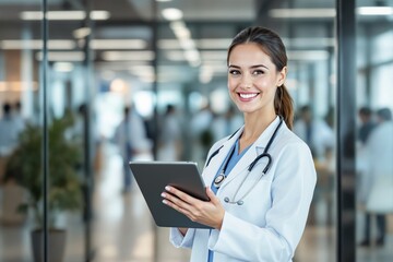 Doctor holding tablet in modern hospital corridor.