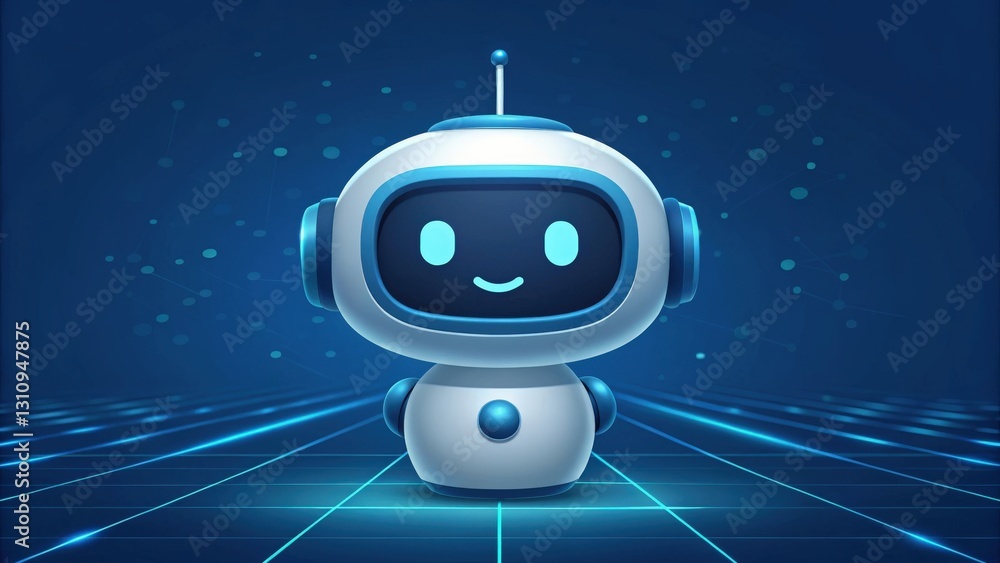 Poster a cute robot with a friendly smile, standing on a futuristic digital background. the robot is design