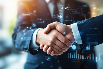 Fototapeta premium Business handshake with digital financial data overlay on abstract background.