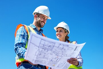 Two construction professionals reviewing blueprints outdoors on a bright day.