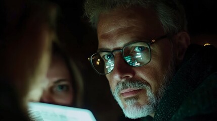 Focused Man   Woman Using Laptop  Night  AI  Customer Service  Tech Support