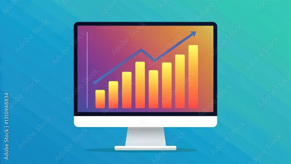 Poster a computer monitor displays a graph with increasing trends and financial data. the image suggests gr