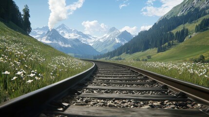 Fototapeta premium Train tracks through a valley, with wildflowers and hills, curving in a summer travel vista scene