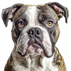 A portrait of an English Bulldog, French Bulldog, and American Staffordshire Terrier in a cute and adorable style with a white background