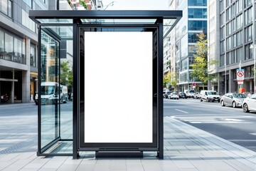 Blank advertising billboard at a modern city bus stop.