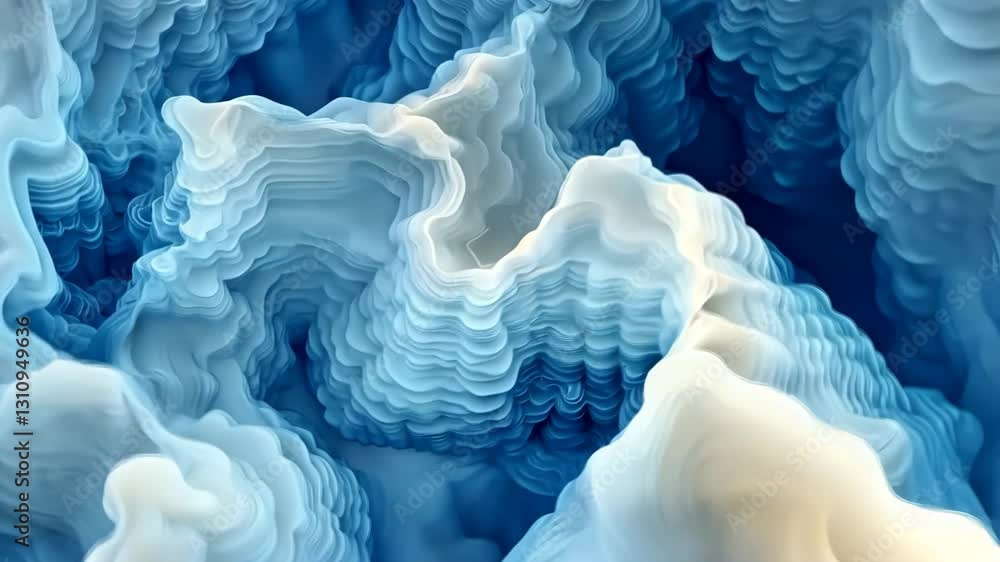 Poster an abstract representation of fluid shapes in shades of blue and white, resembling waves or clouds. 