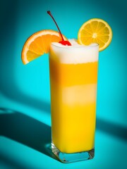 "Vibrant Cocktail Glass with Yellow Drink, Orange Slice, and Red Cherry: A Bright Turquoise Backdrop"