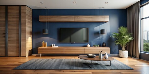 Modern Living Room Interior Design with Wood Accents and Deep Blue Walls