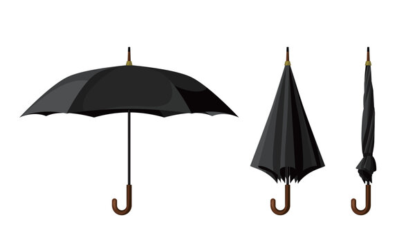 Realistic Black Umbrella Vector Set with Open, Half-Closed, and Fully Closed Versions for Rain Protection