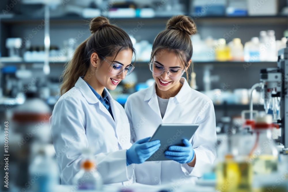 Aufkleber scientists in lab coats examining a tablet in a laboratory setting.