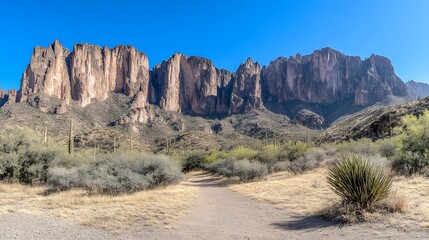 Rugged and beautiful mountain landscape with a pathway leading into it