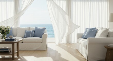 Coastal Living Room with White Sofas and Ocean View Through Curtains