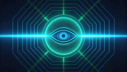 the eye icon is a symbol of observation and vigilance. The vibrant turquoise and teal colors create a captivating digital representation, highlighting themes of security and surveillance