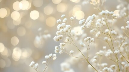 Fototapeta premium Delicate white flowers and shimmering lights make a lovely composition