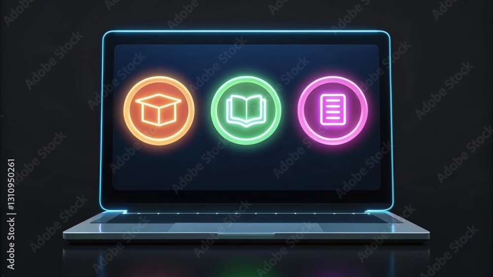 Poster an open laptop displaying glowing education icons, symbolizing learning and knowledge with futuristi