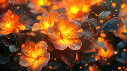 Fiery Bloom: Glowing Flowers in Mystical Garden