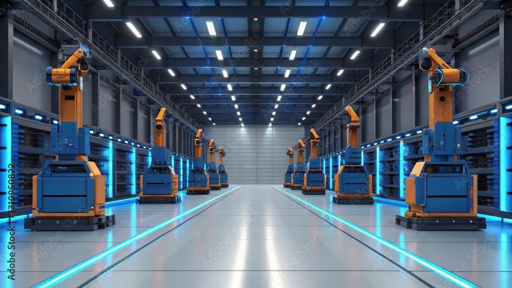Poster robotic arms working in a high-tech warehouse. the scene suggests automation and advanced technology