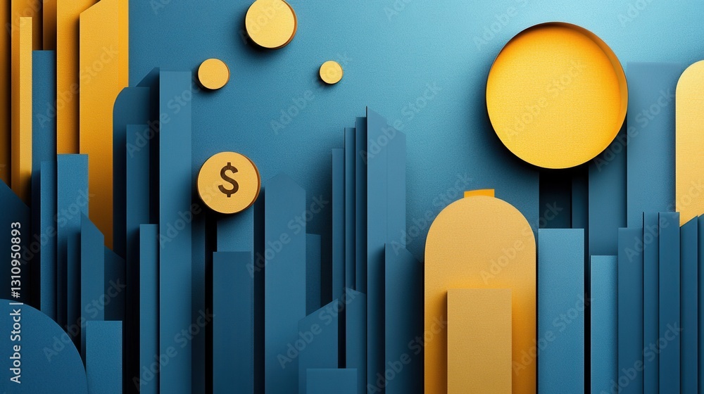Poster layered geometric shapes create an abstract representation of financial growth, using rich colors an