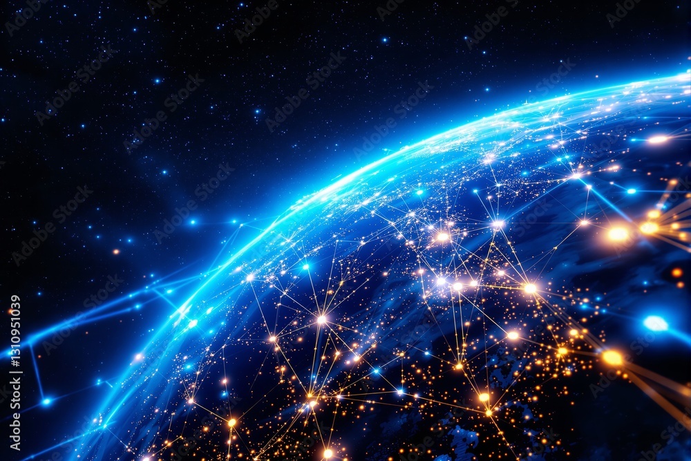 Poster futuristic digital network of earth from space with glowing connections and bright nodes.