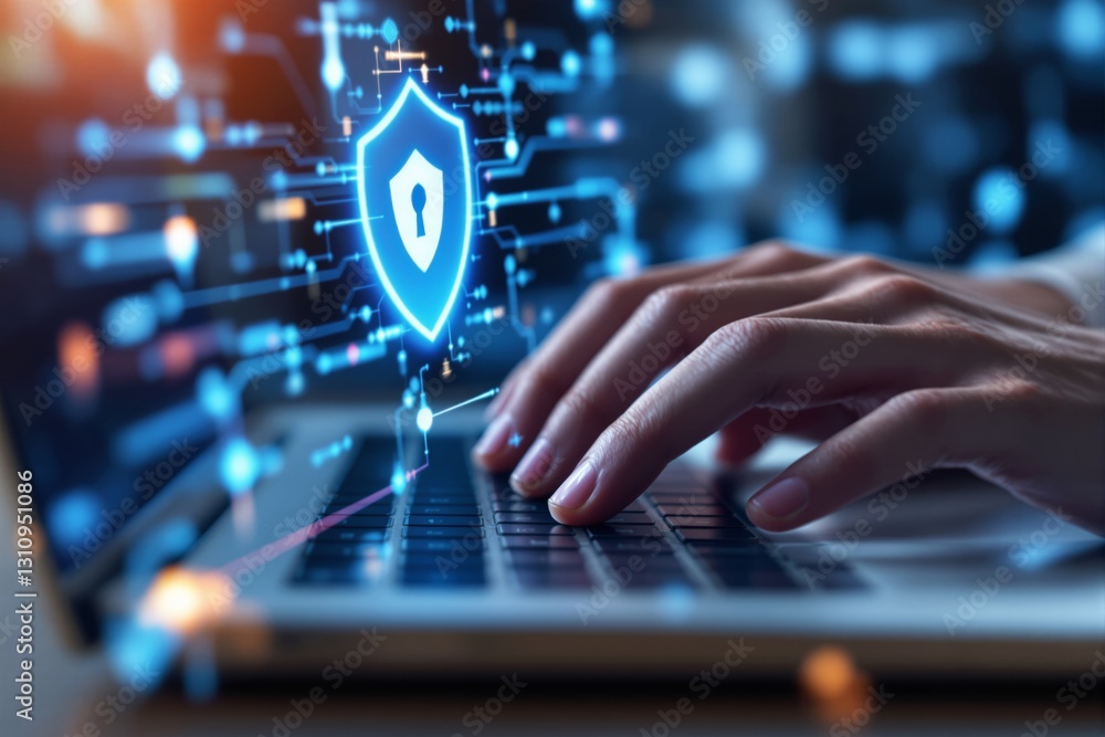 Poster Cybersecurity concept with hands typing on laptop keyboard and glowing shield icon.