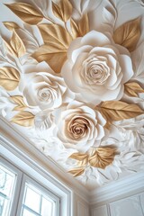 Paper flower ceiling decor, elegant room, white roses, gold leaves, wedding backdrop