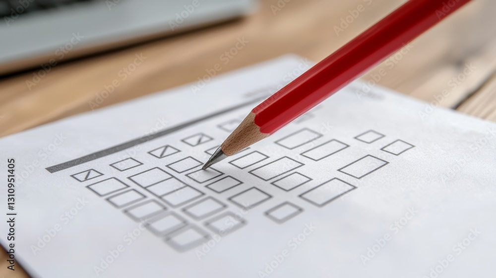 Poster a close-up view of a pencil marking checkboxes on a printed sheet, suggesting a survey or checklist 