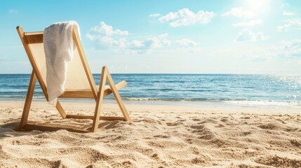 Beach chair with a towel, on a sandy shore with a horizon, folded for a relaxing summer day by the sea