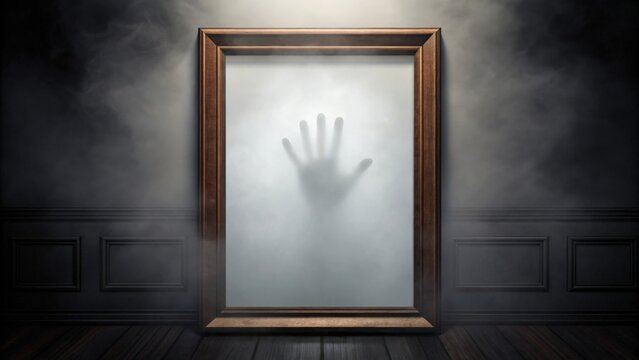 a spooky hand reaching through a fog-covered mirror in a dark, ominous room. The wooden frame adds to the eerie atmosphere