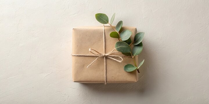 A Simply Wrapped Gift Box Adorned with Greenery on a Neutral Background