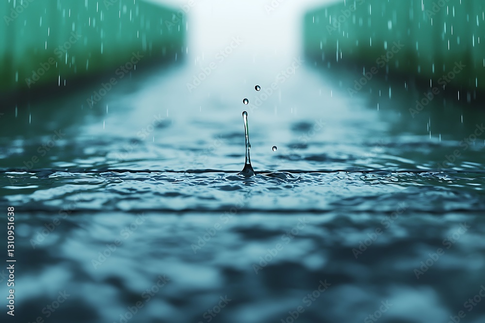 Poster a close-up view of raindrops splashing on a water surface, creating ripples amidst a serene and blur