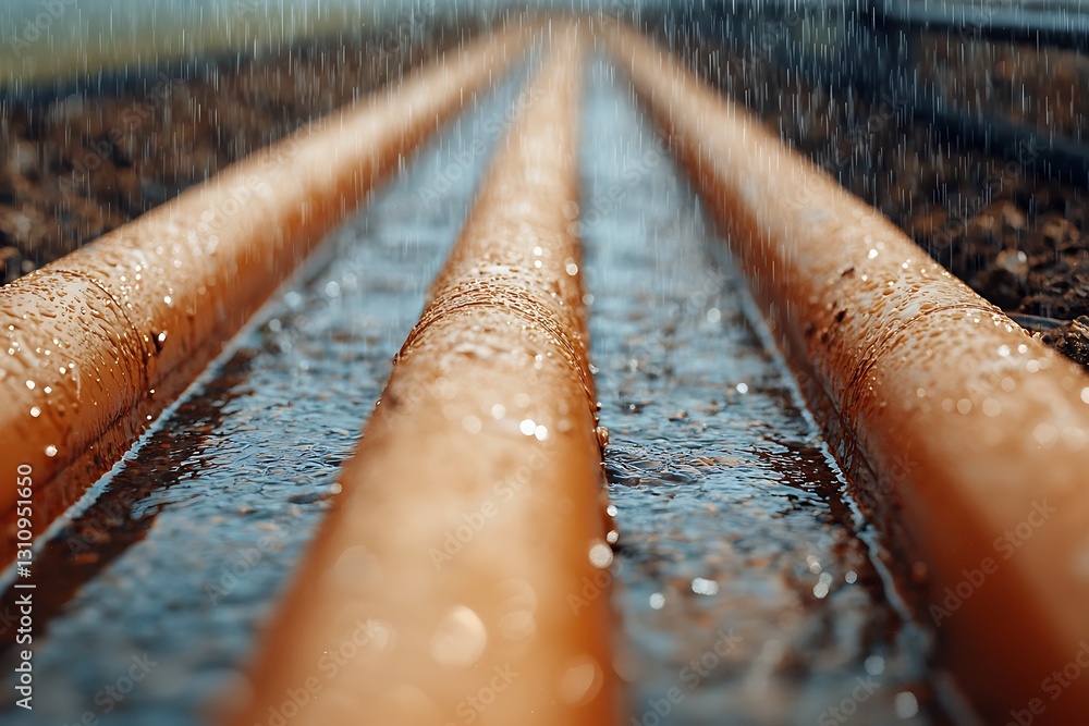 Poster water flows through rust-colored pipes, creating a glistening effect as droplets scatter in the back