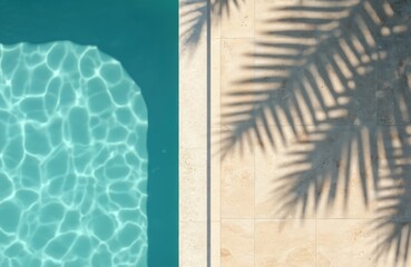 Plakat Top view of swimming pool with turquoise water. Palm tree shadow on travertine stone deck floor near poolside. Summer vacation in tropical hotel, spa resort relaxation background.