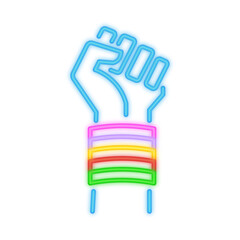 A powerful neon illustration of a raised fist with rainbow colors, symbolizing LGBTQ+ pride, resistance, equality, empowerment, and solidarity.