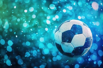 Naklejka premium Wet soccer ball, night game, bokeh background, sports
