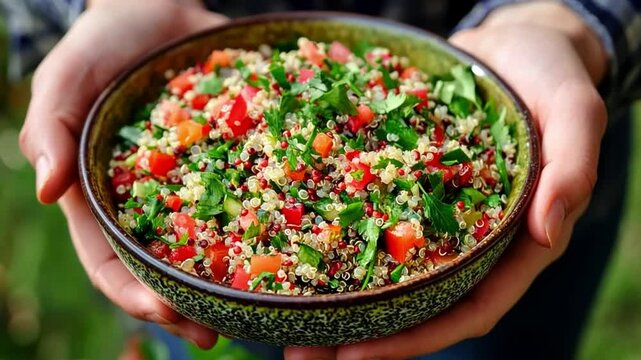 This video showcases a delicious bowl of tabbouleh. A refreshing salad packed with parsley and tomatoes. Great for healthy recipes and food photography. Generative AI