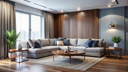 Modern Sectional Sofa in a Luxurious Living Room with Wood Paneling and Natural Light