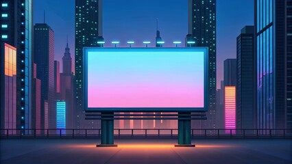 Obraz premium an empty billboard stands tall against a vibrant city skyline at night. The sign's display is blank, offering space for your message.