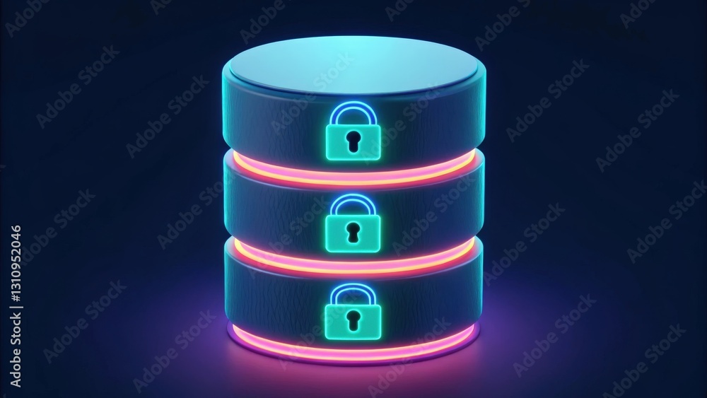 Poster a digital data server with padlocks, representing data security and protection, glowing with neon co