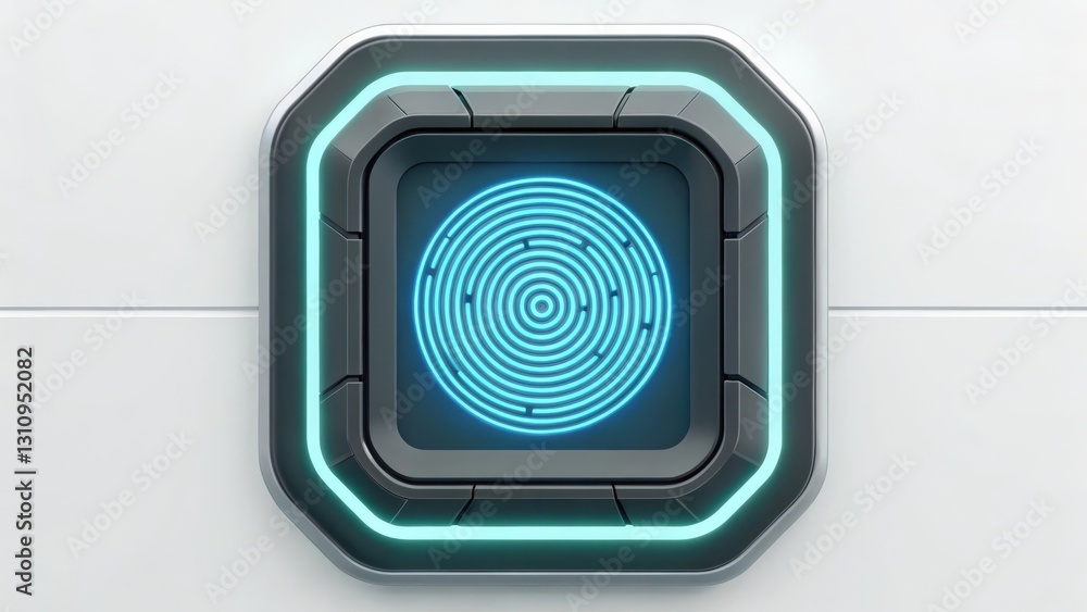 Poster a close-up shot of a futuristic button with a glowing pattern. the button has a modern, technologica