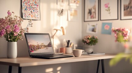 Sunny home office desk with laptop showing landscape, flowers, and art