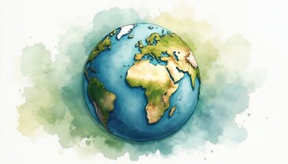 Watercolor globe illustration. Earth planet with continents. Ecology, global warming themes. Cartography design. Ideal for geographical, climate change awareness content. Blue, green colors, artistic